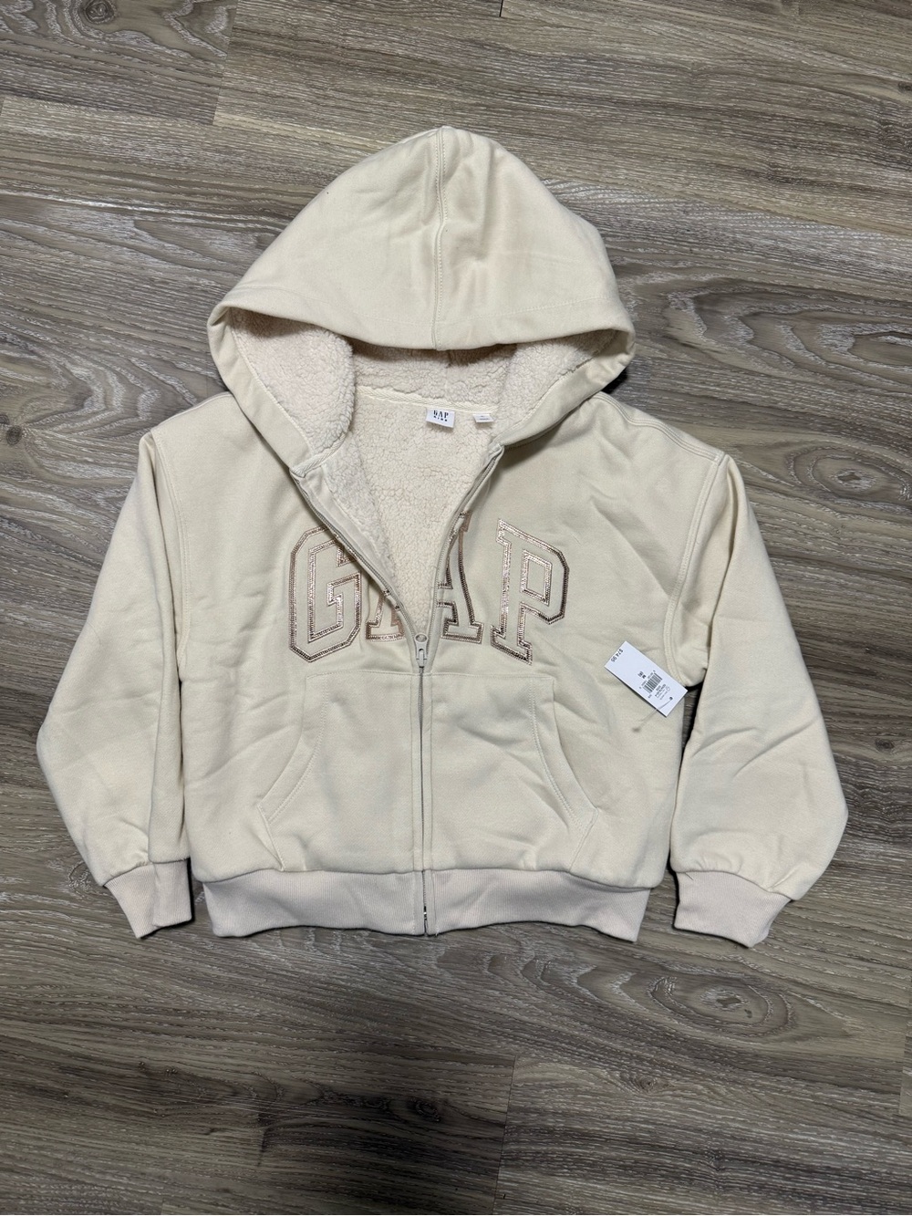 Size M GAP Kids Cream Sherpa-Lined Zip Hoodie with gold foil writing NWT